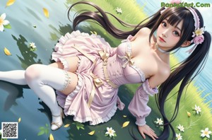 A woman in a pink dress laying on the ground next to a body of water.