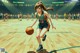 A girl dribbling a basketball on a basketball court.