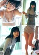 A collage of photos of a woman in a bikini top and skirt.